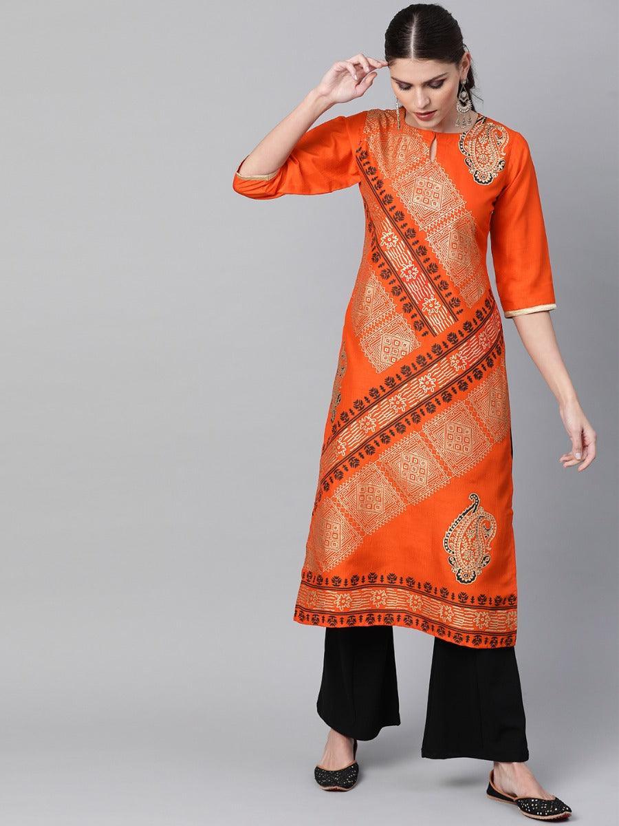 Orange Self Design Chanderi Kurta