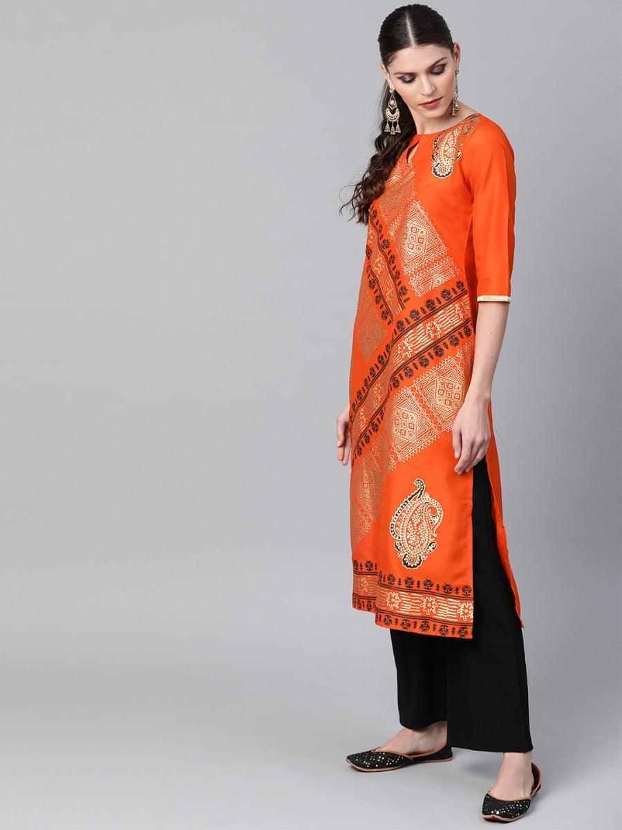 Orange Self Design Chanderi Kurta