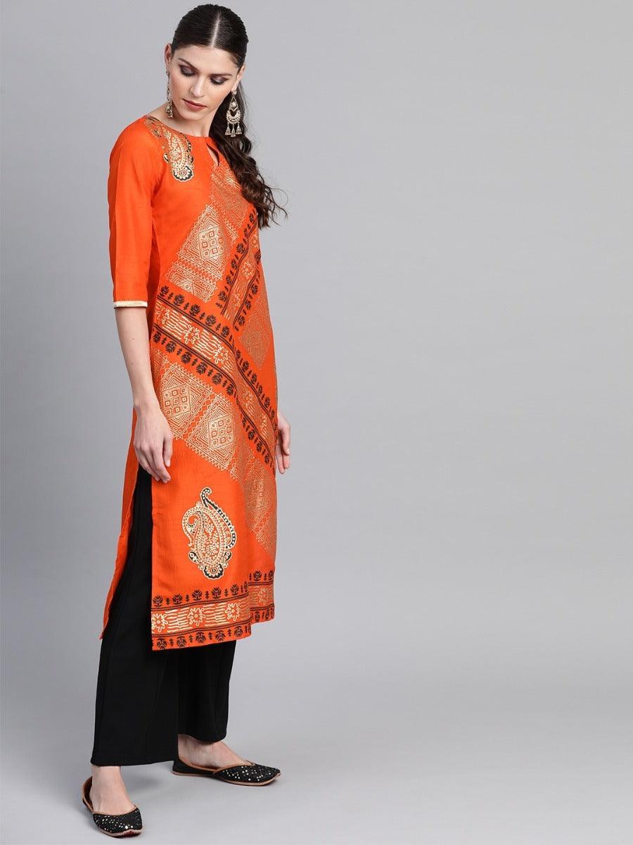 Orange Self Design Chanderi Kurta