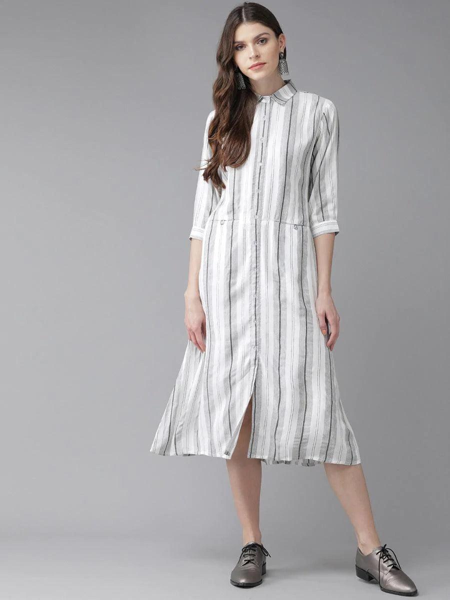 White Striped Rayon Dress