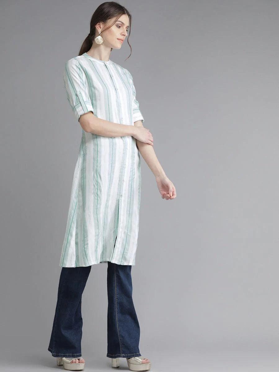 White Striped Rayon Kurta - ShopLibas