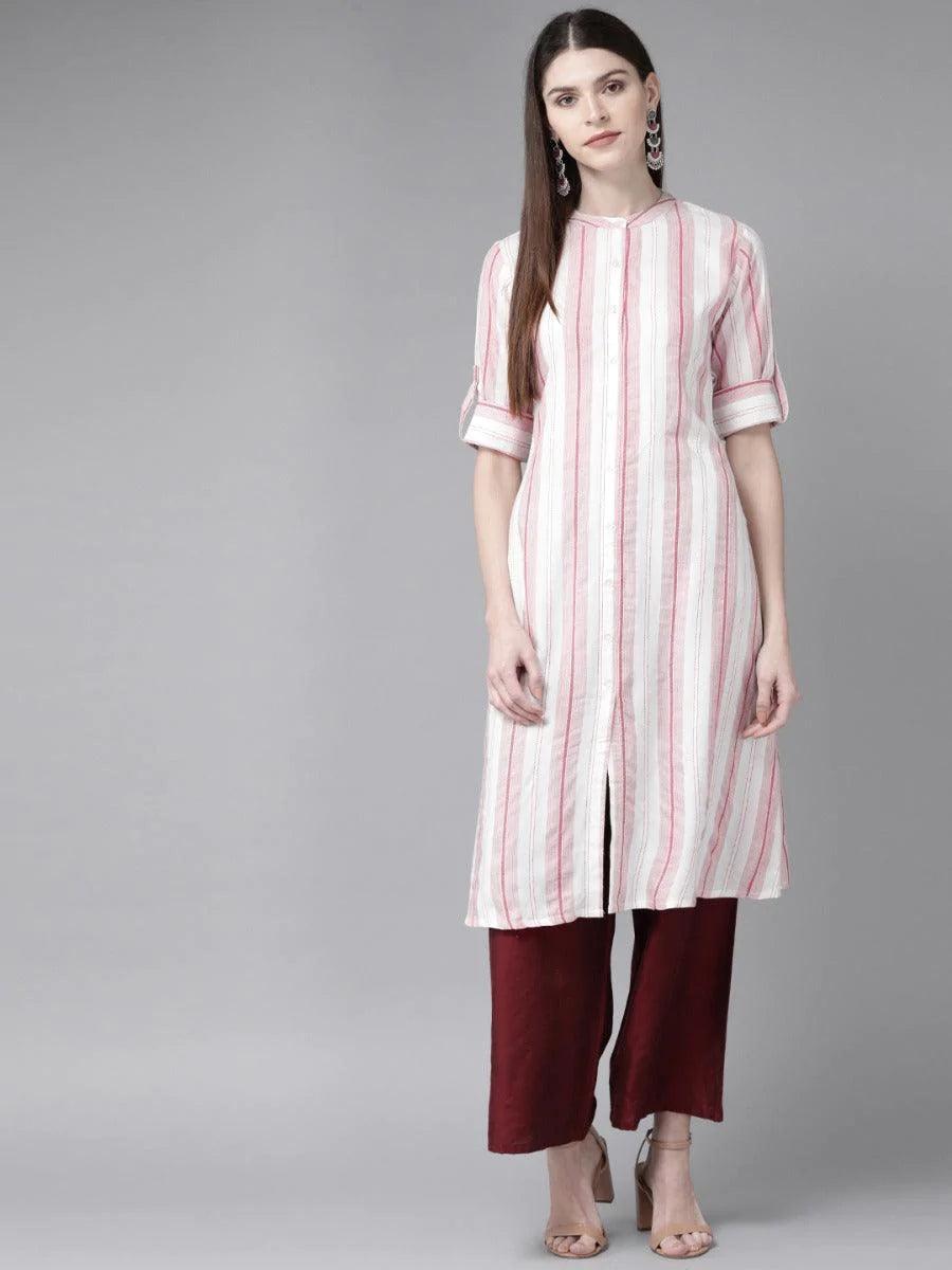 White Striped Rayon Kurta - ShopLibas