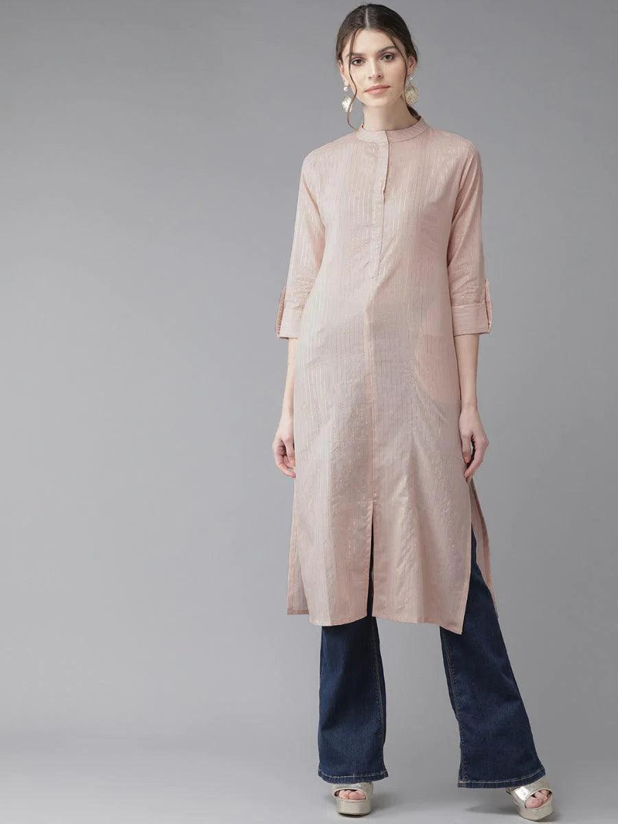 Dusky Peach Striped Cotton Kurta - ShopLibas