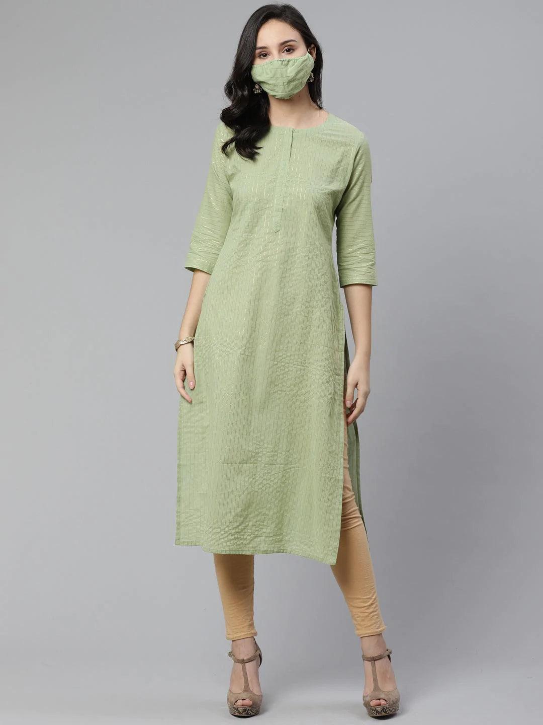 Green Striped Cotton Kurta