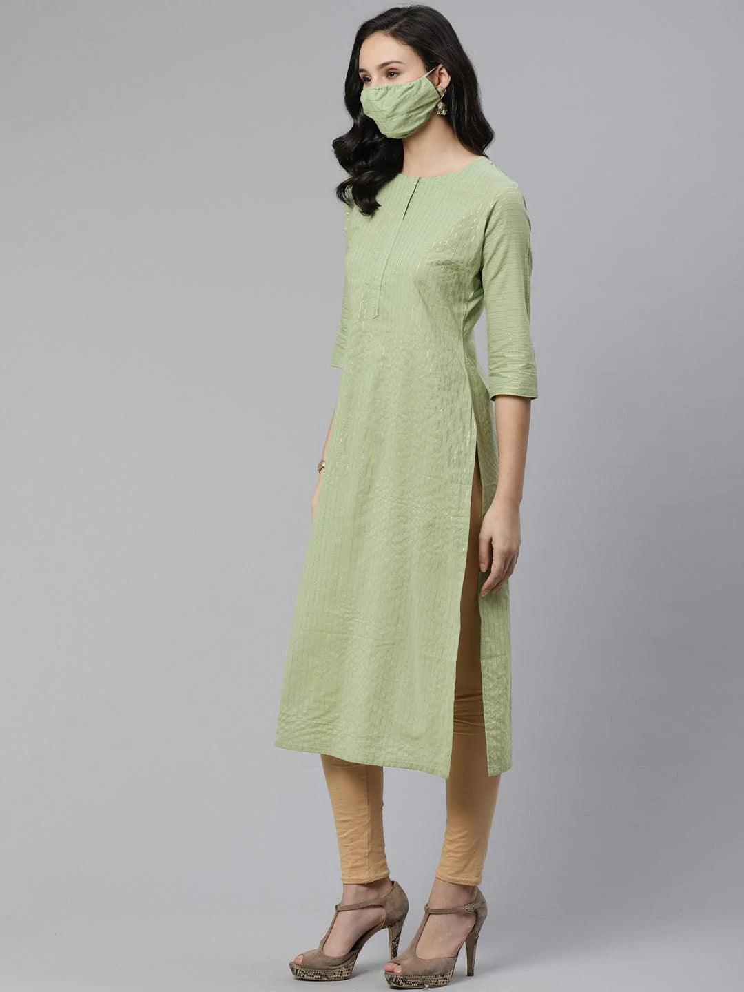 Green Striped Cotton Kurta