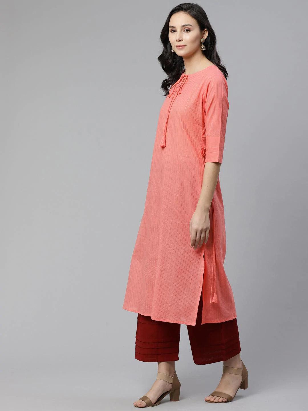 Pink Striped Cotton Kurta