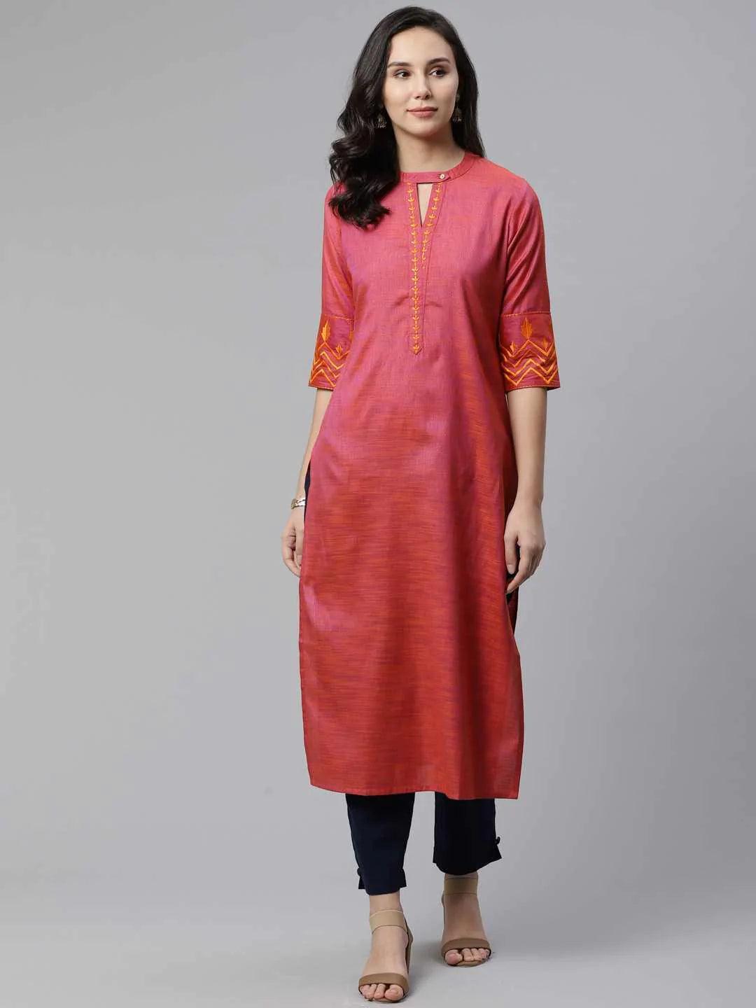 Pink Self Design Cotton Kurta