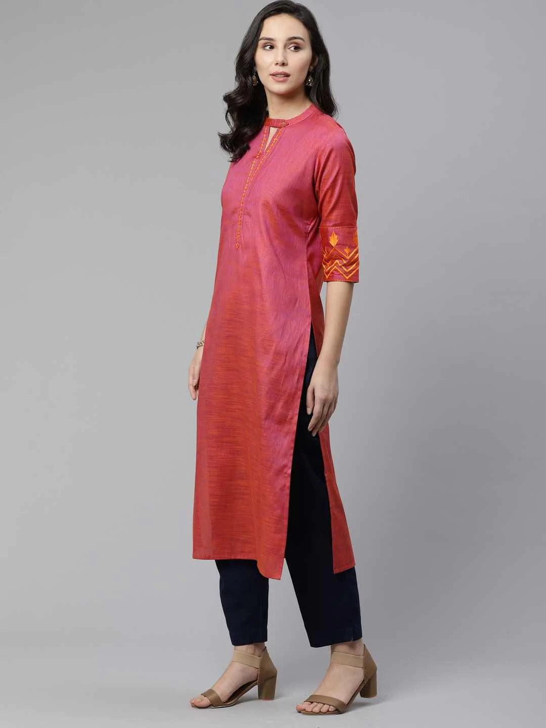 Pink Self Design Cotton Kurta