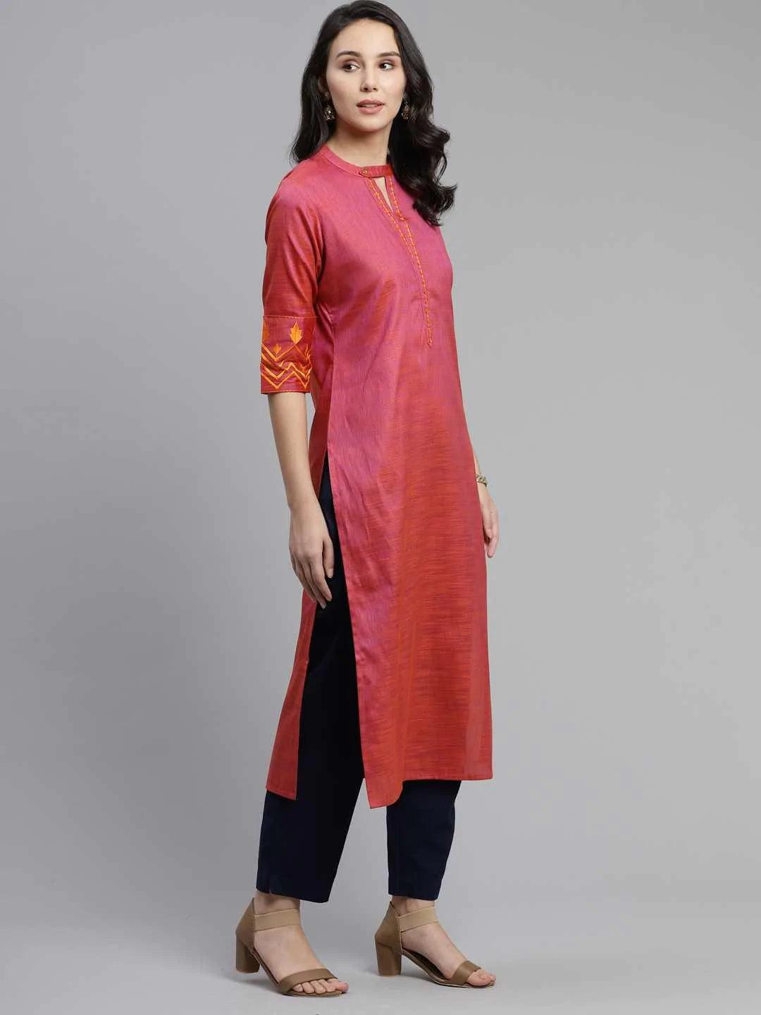 Pink Self Design Cotton Kurta