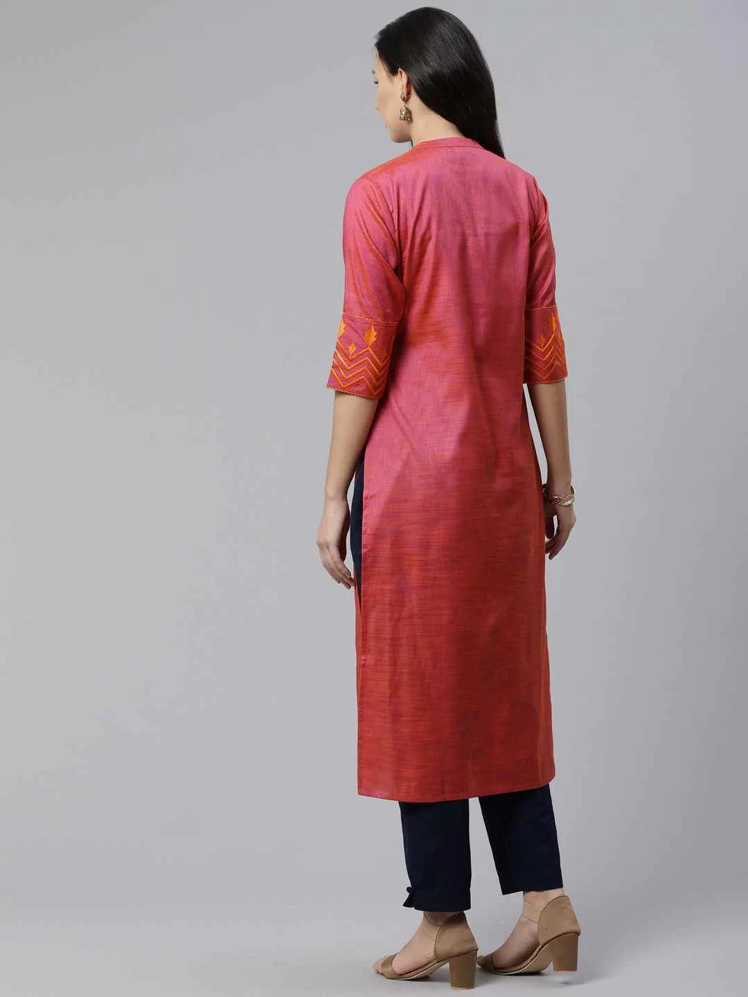 Pink Self Design Cotton Kurta