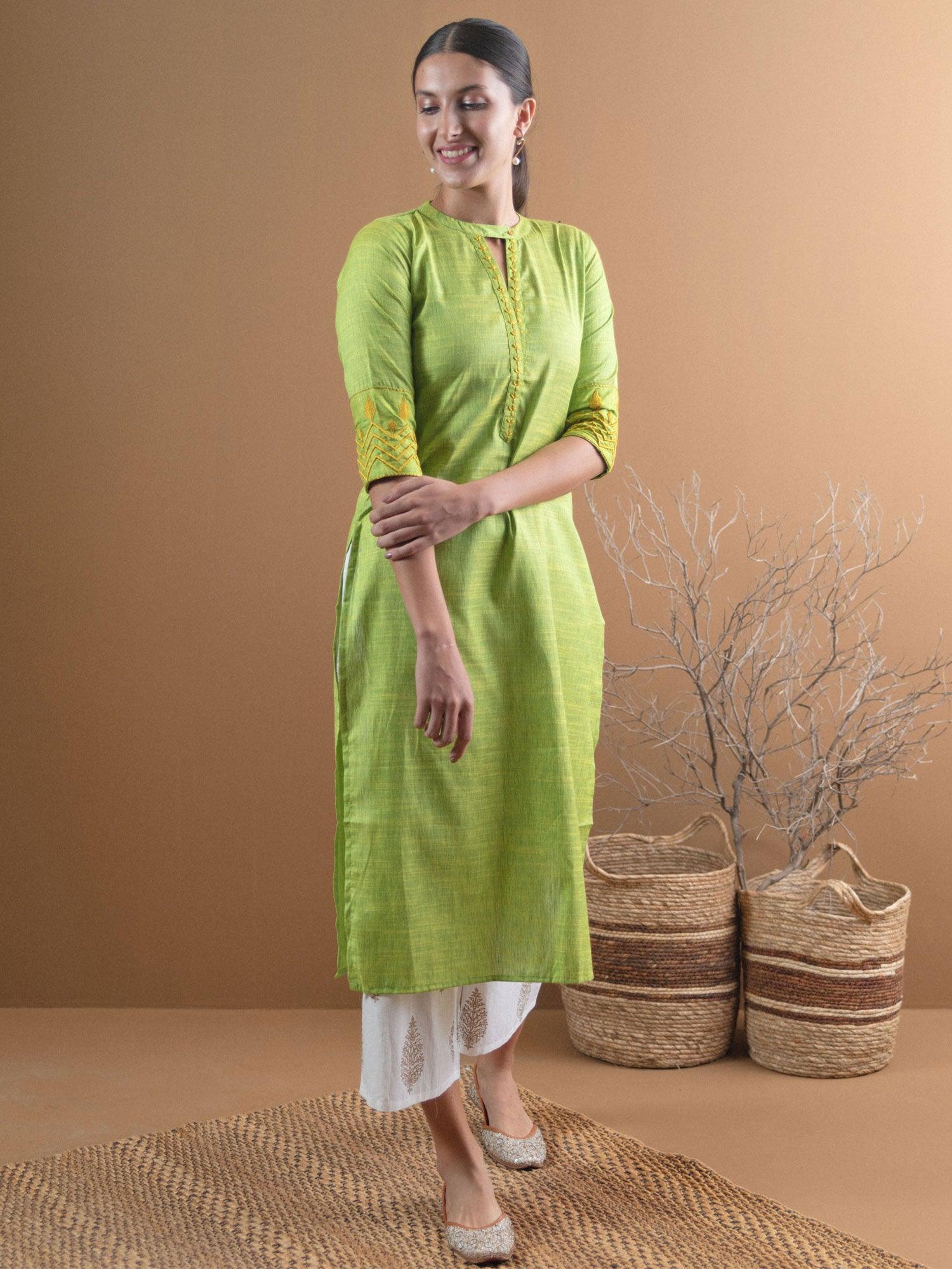 Green Self Design Cotton Kurta