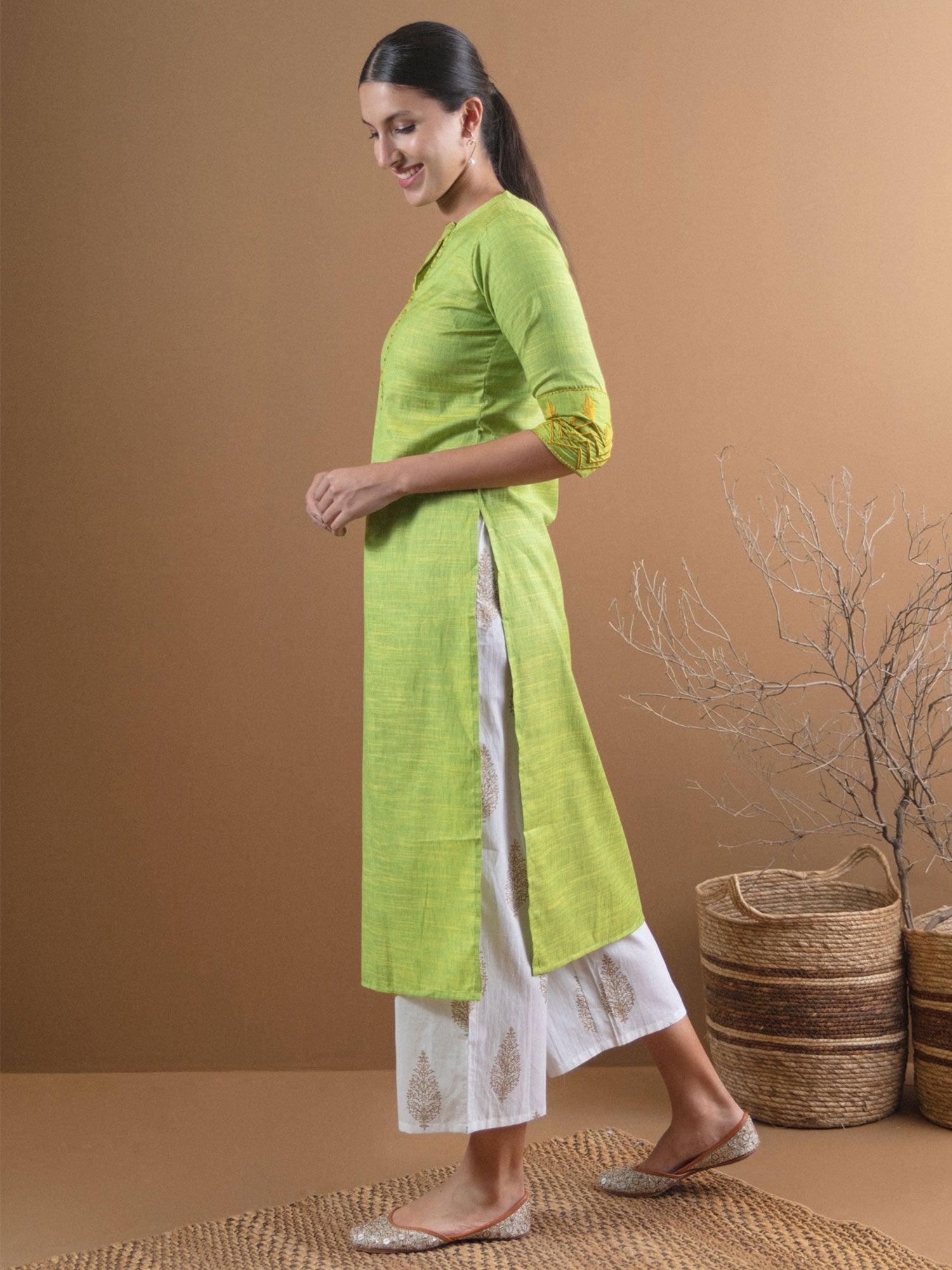 Green Self Design Cotton Kurta