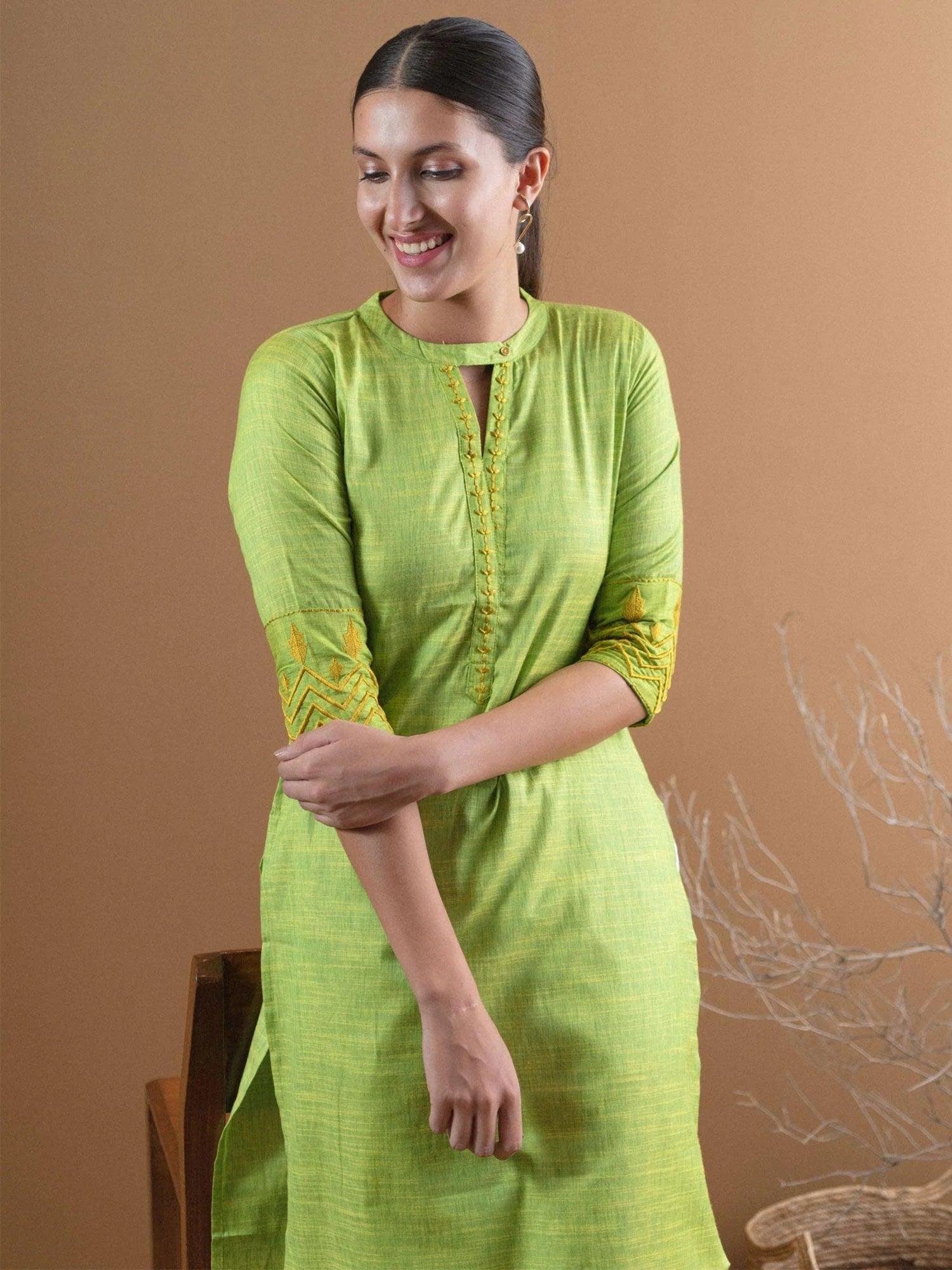 Green Self Design Cotton Kurta