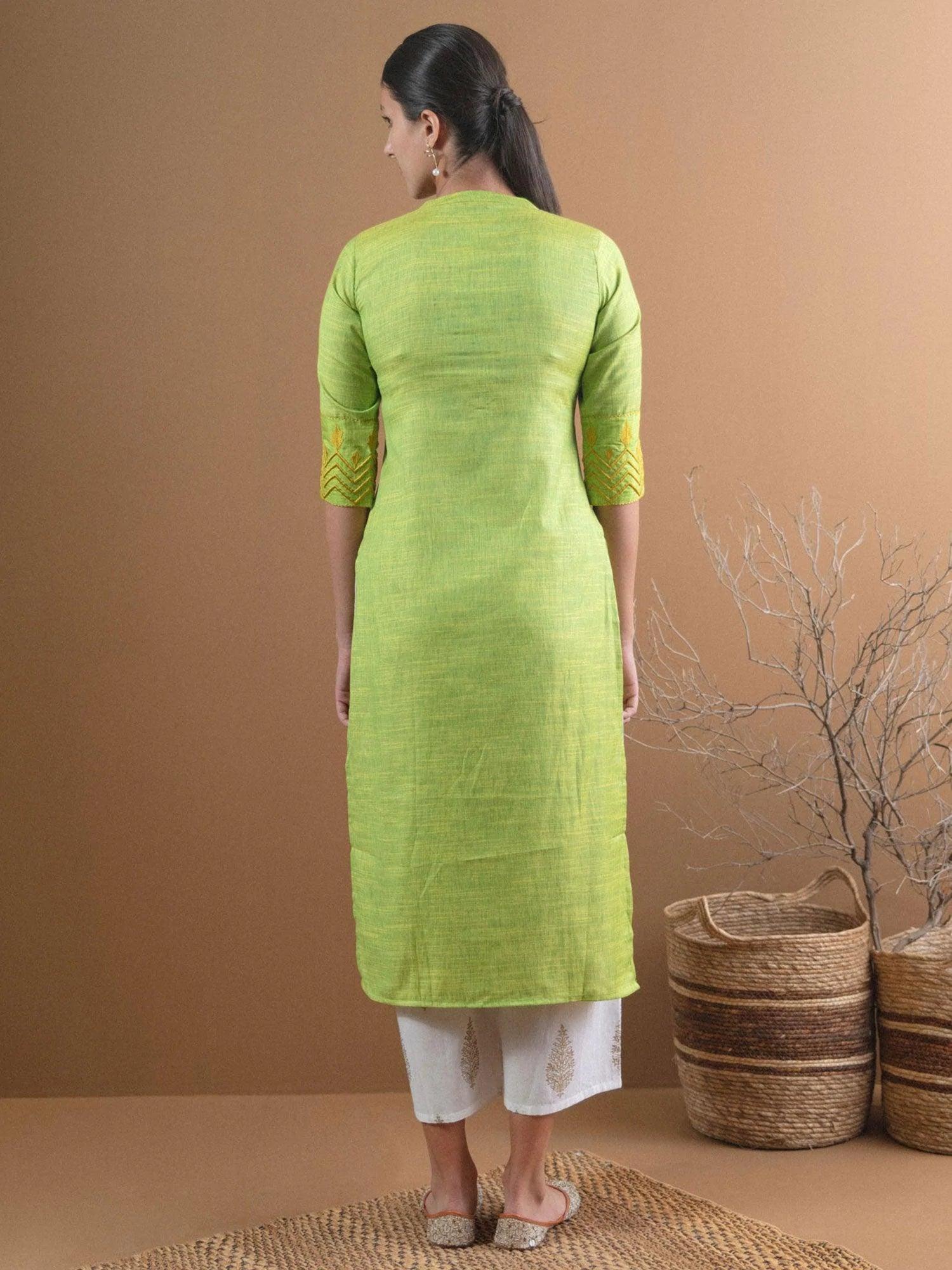 Green Self Design Cotton Kurta