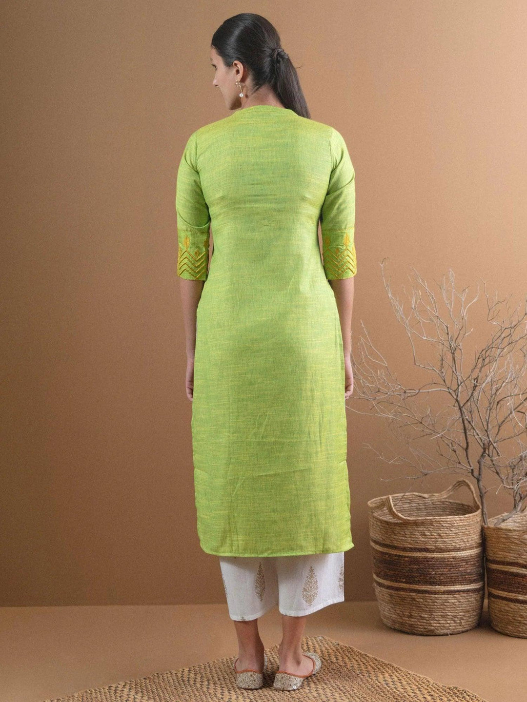 Green Self Design Cotton Kurta - ShopLibas