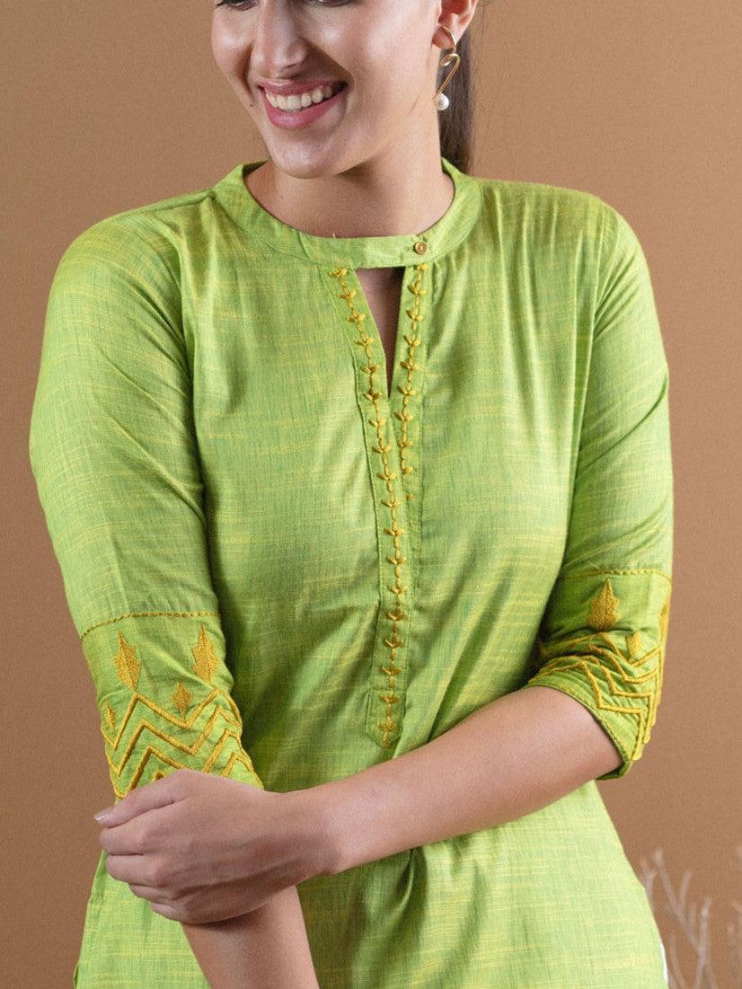 Green Self Design Cotton Kurta