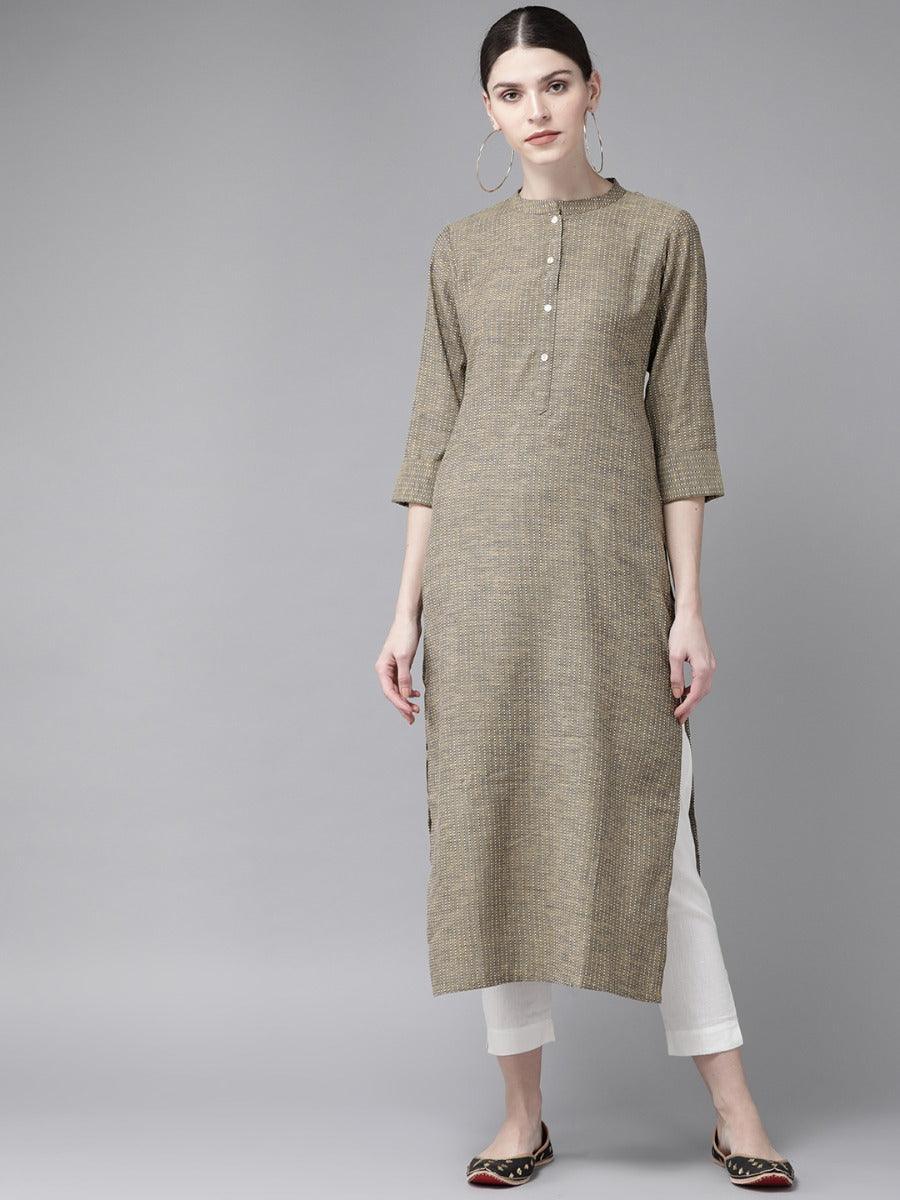 Olive Green Striped Cotton Kurta - ShopLibas