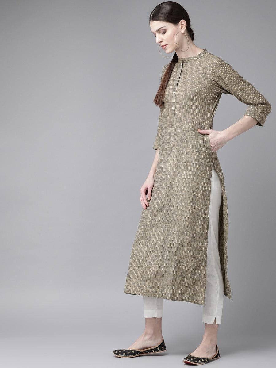 Olive Green Striped Cotton Kurta