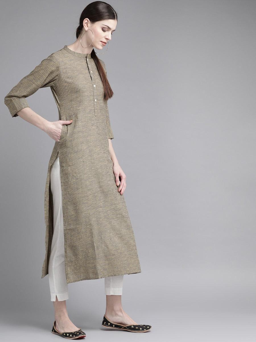 Olive Green Striped Cotton Kurta