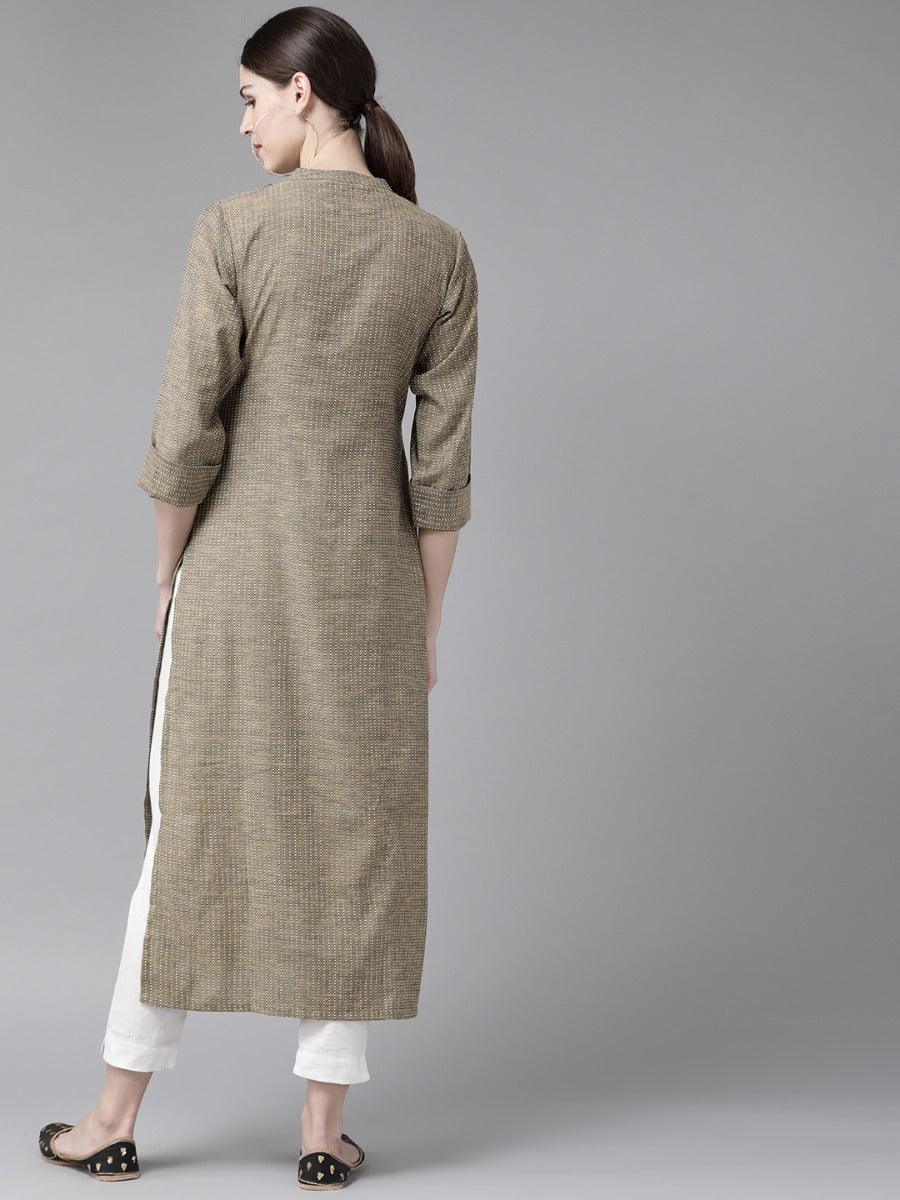 Olive Green Striped Cotton Kurta - ShopLibas