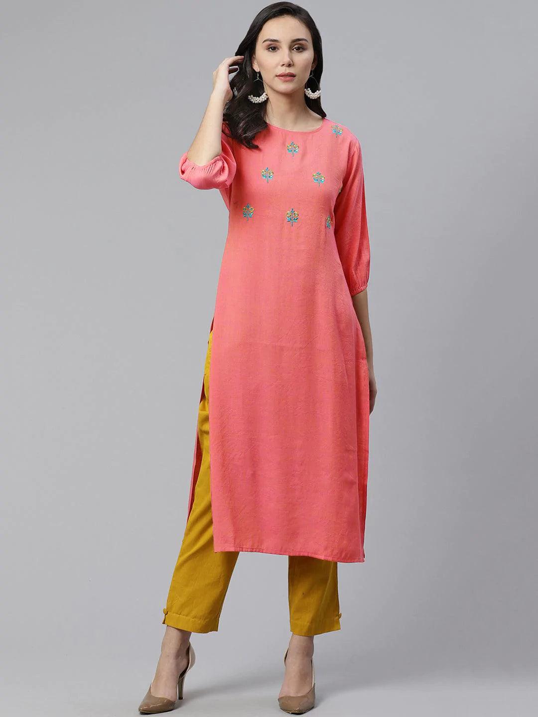 Pink Embroidered Rayon Kurta