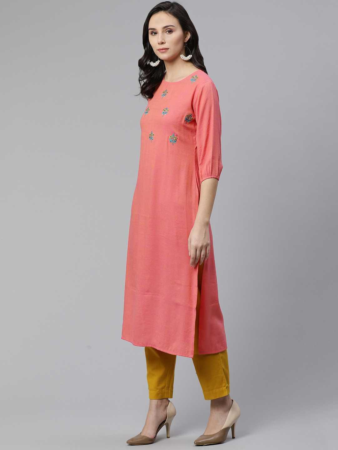 Pink Embroidered Rayon Kurta