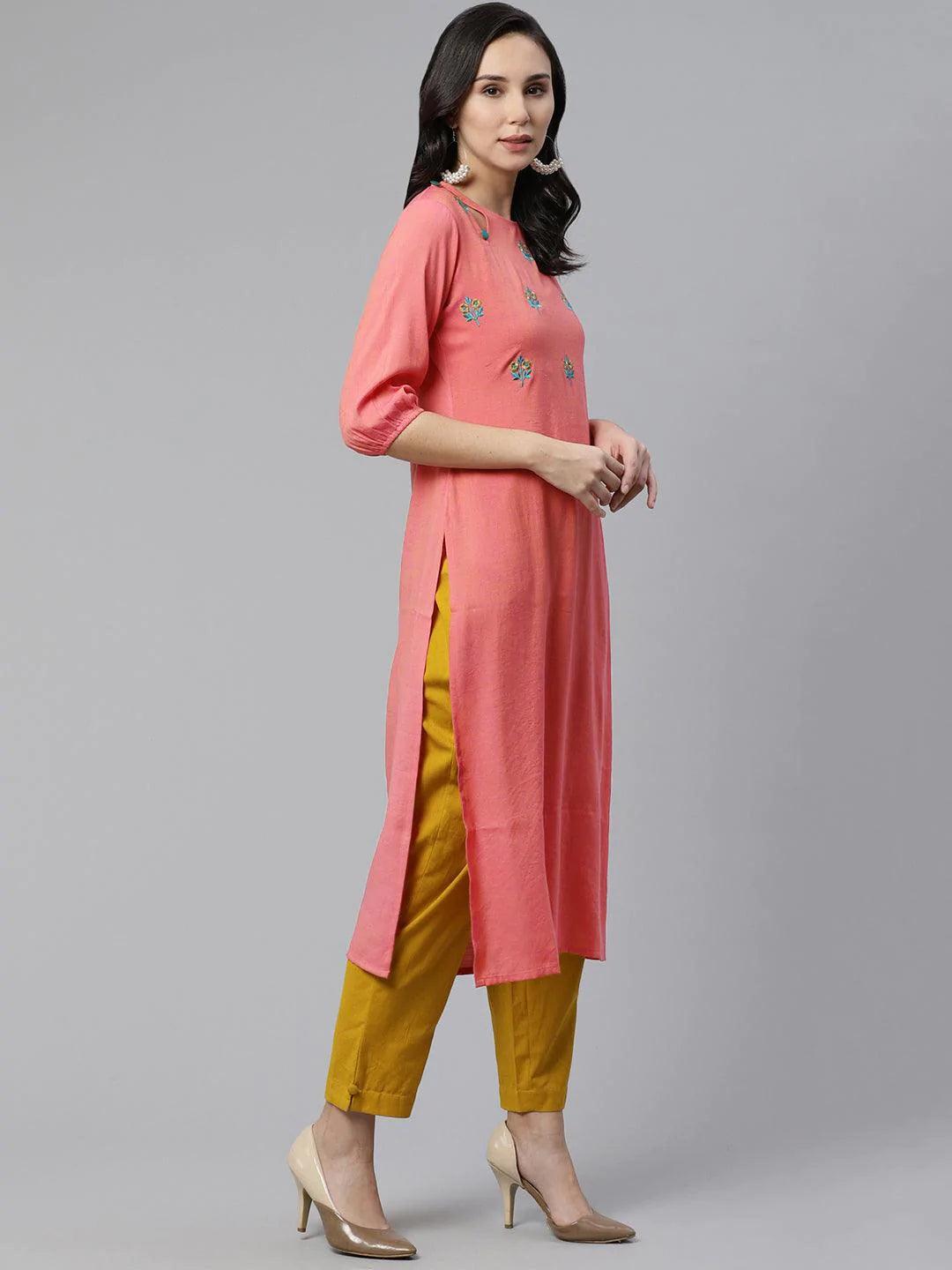 Pink Embroidered Rayon Kurta