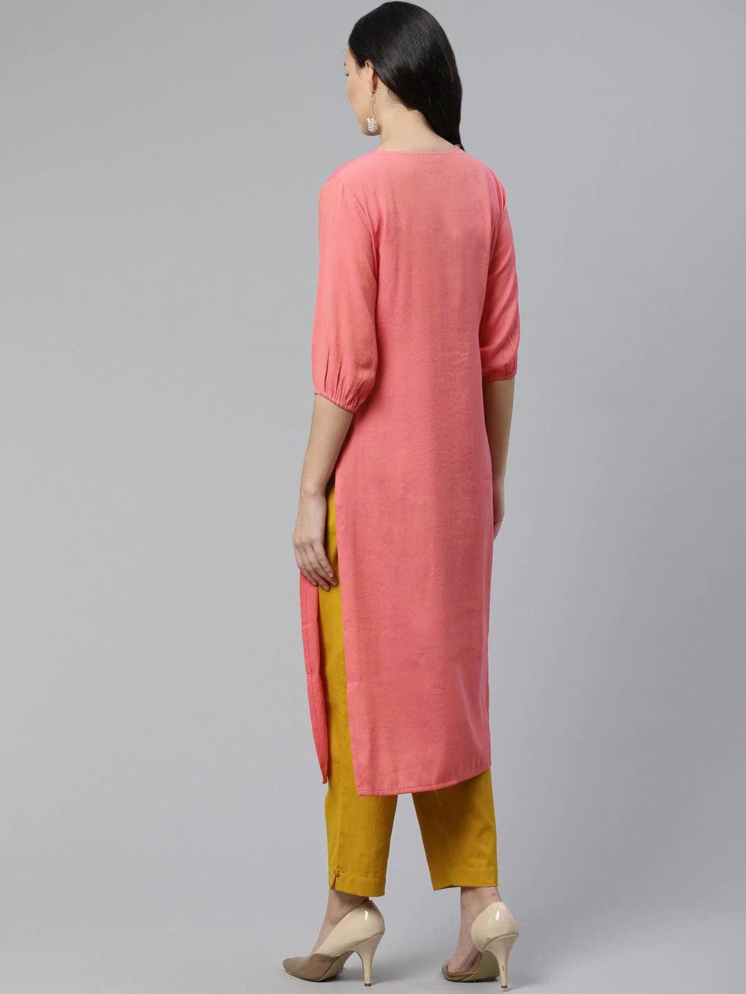 Pink Embroidered Rayon Kurta