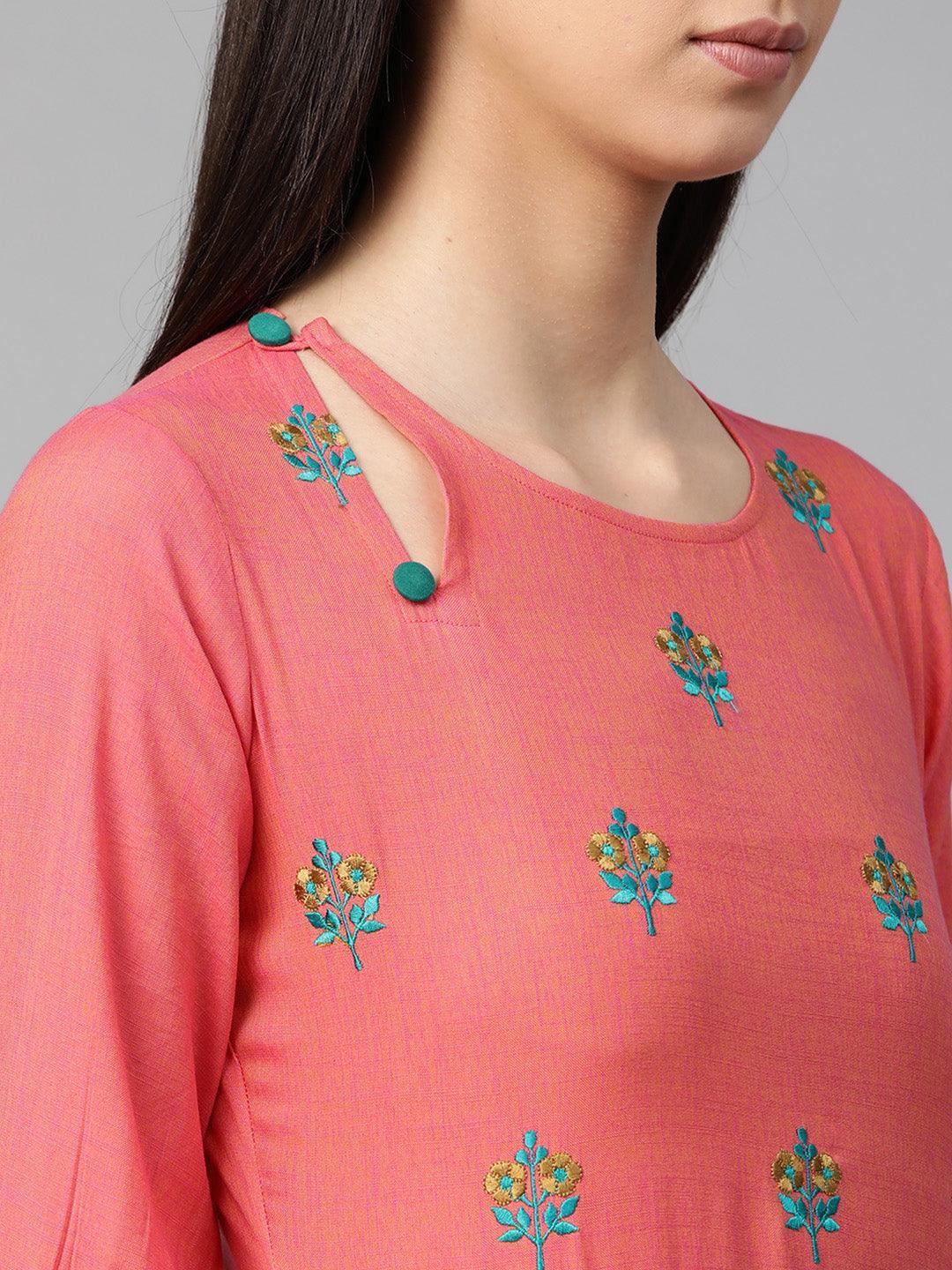 Pink Embroidered Rayon Kurta