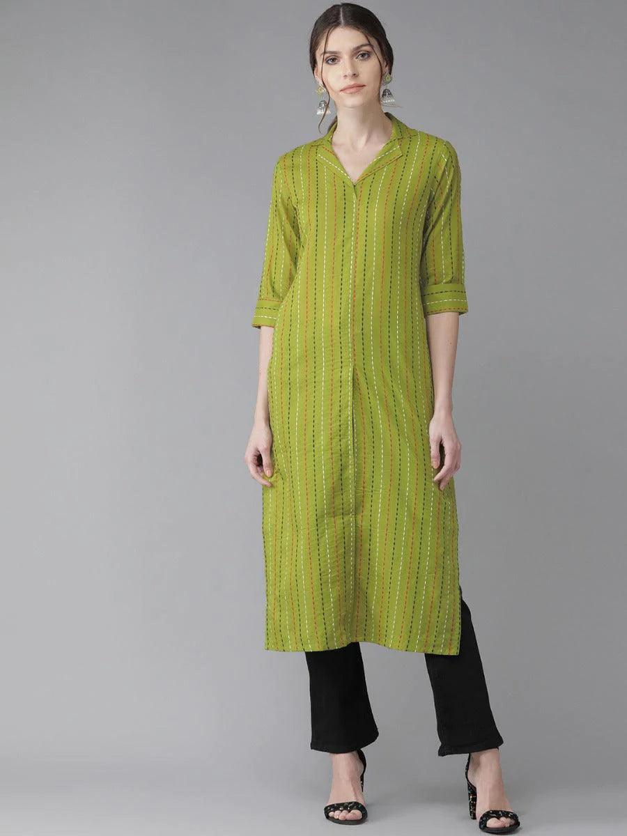 Green Striped Cotton Kurta - ShopLibas