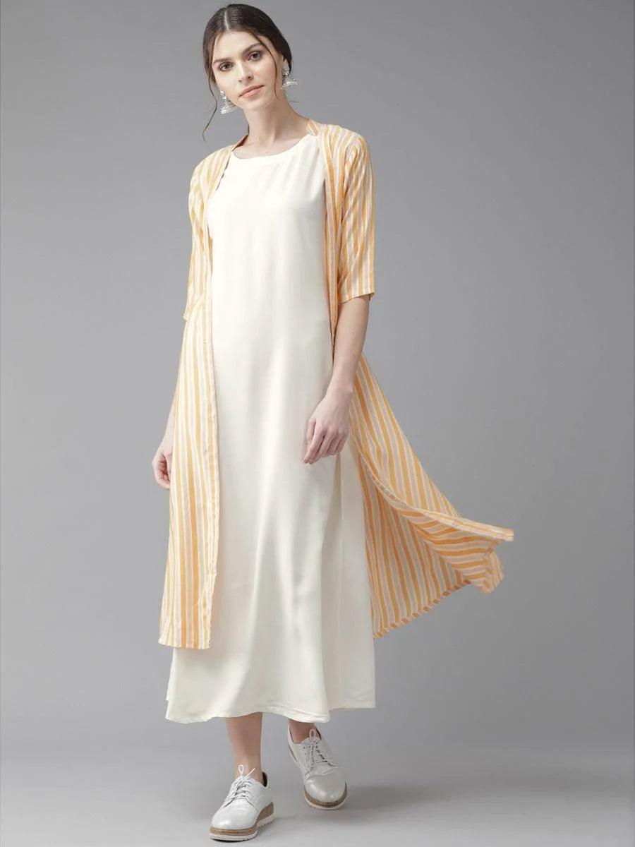 Off-White Striped Rayon Dress With Jacket - ShopLibas