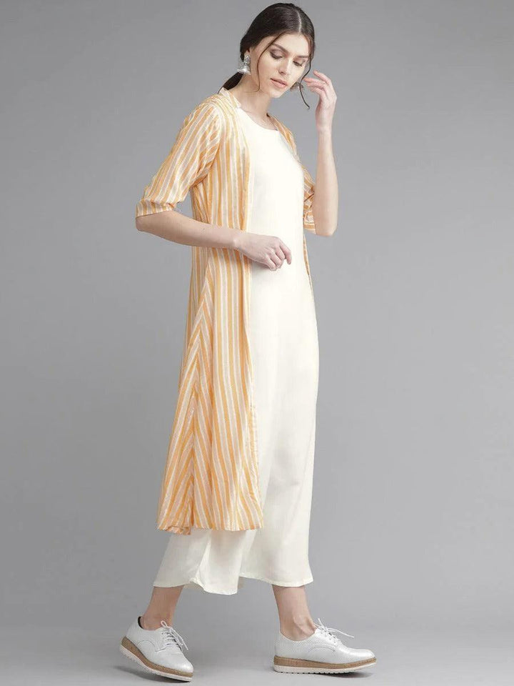 Off-White Striped Rayon Dress With Jacket - ShopLibas