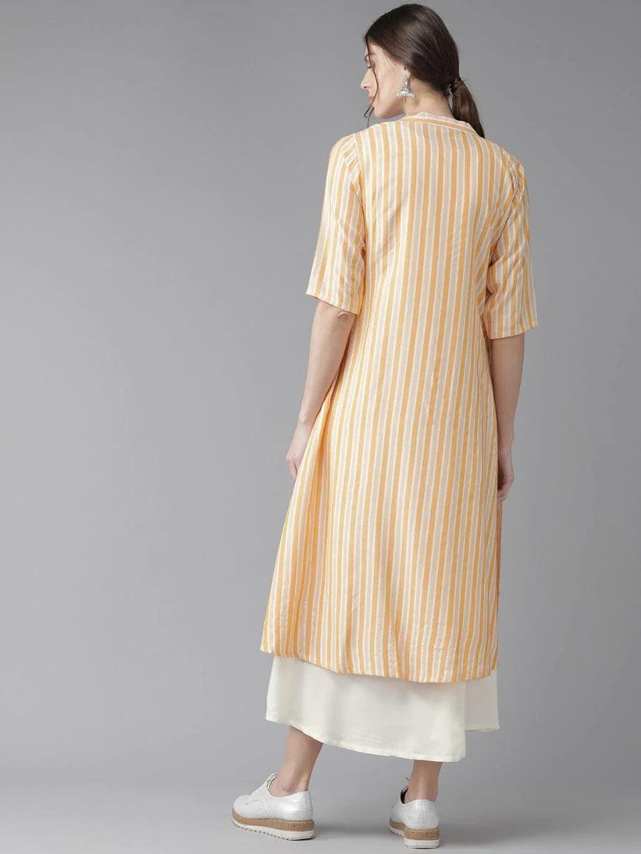 Off-White Striped Rayon Dress With Jacket
