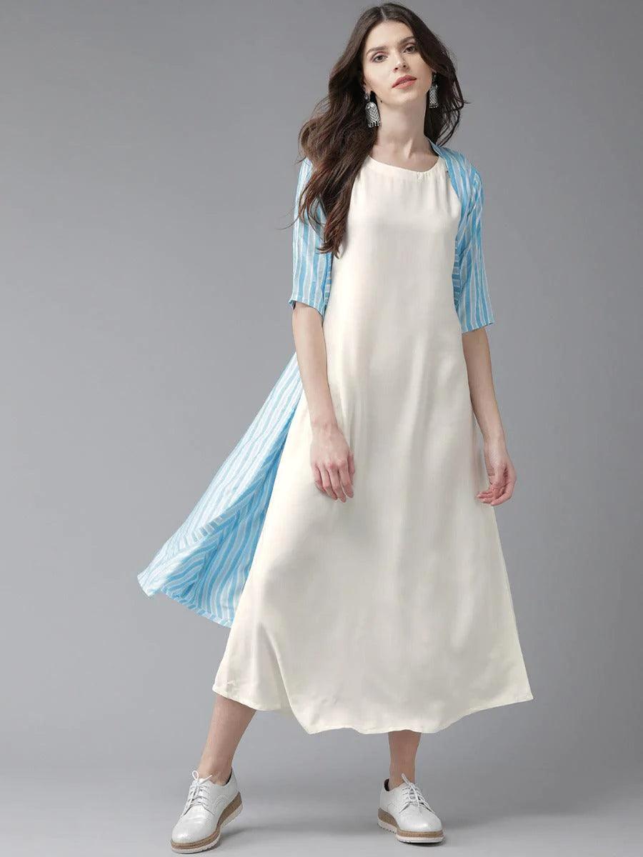 Off-White Striped Rayon Dress With Jacket - ShopLibas