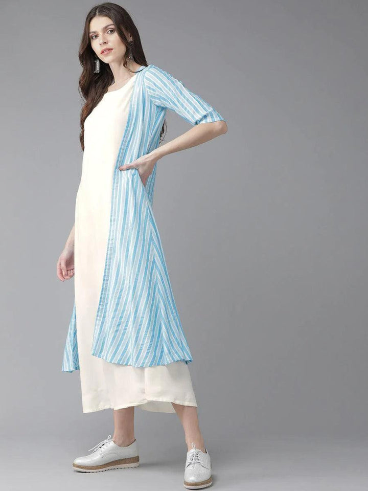 Off-White Striped Rayon Dress With Jacket - ShopLibas