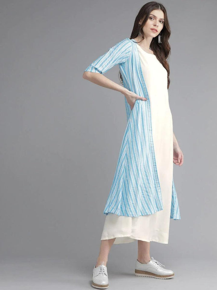 Off-White Striped Rayon Dress With Jacket - ShopLibas