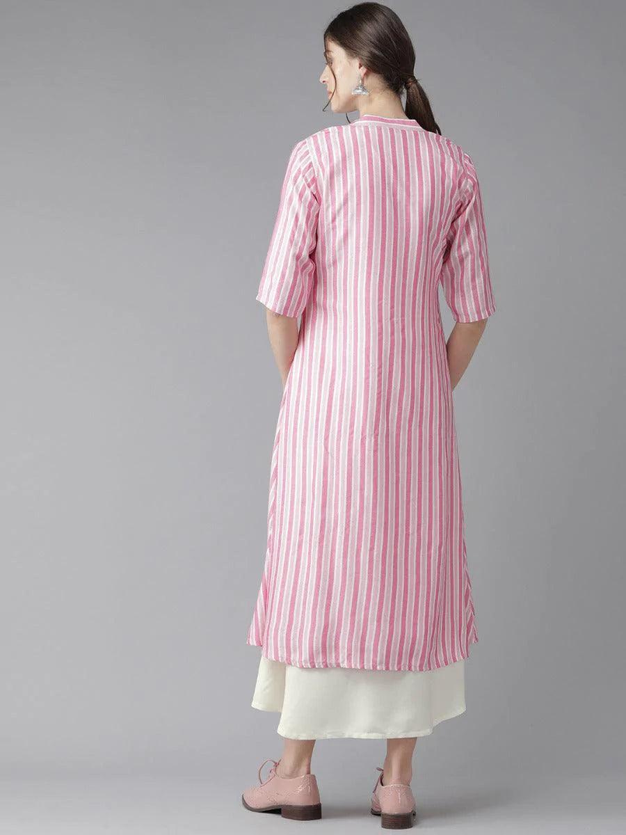 Off-White Striped Rayon Dress With Jacket