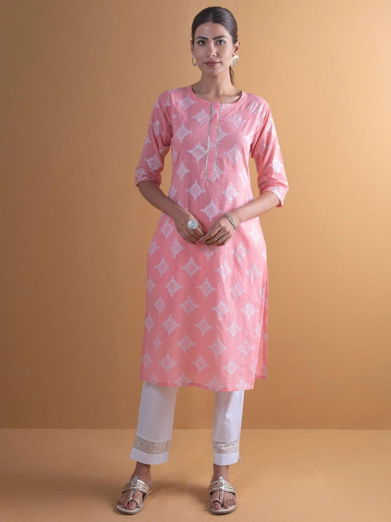 Pink Printed Cotton Kurta