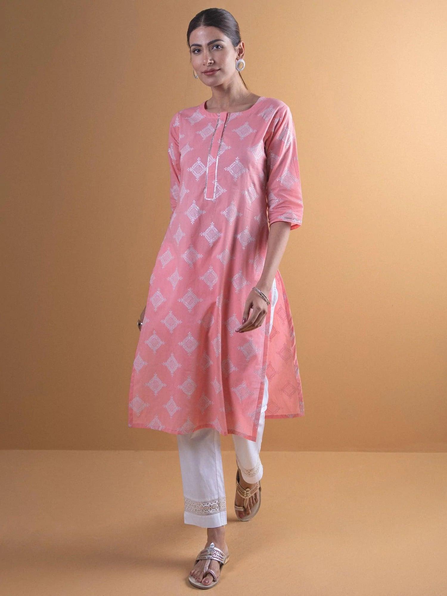 Pink Printed Cotton Kurta