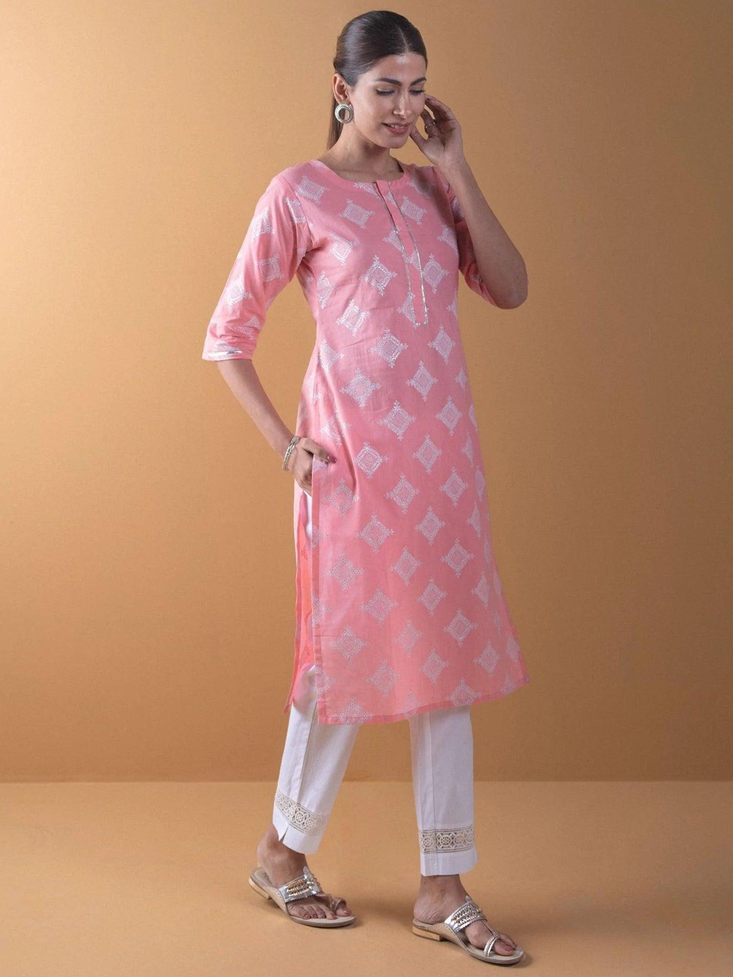 Pink Printed Cotton Kurta