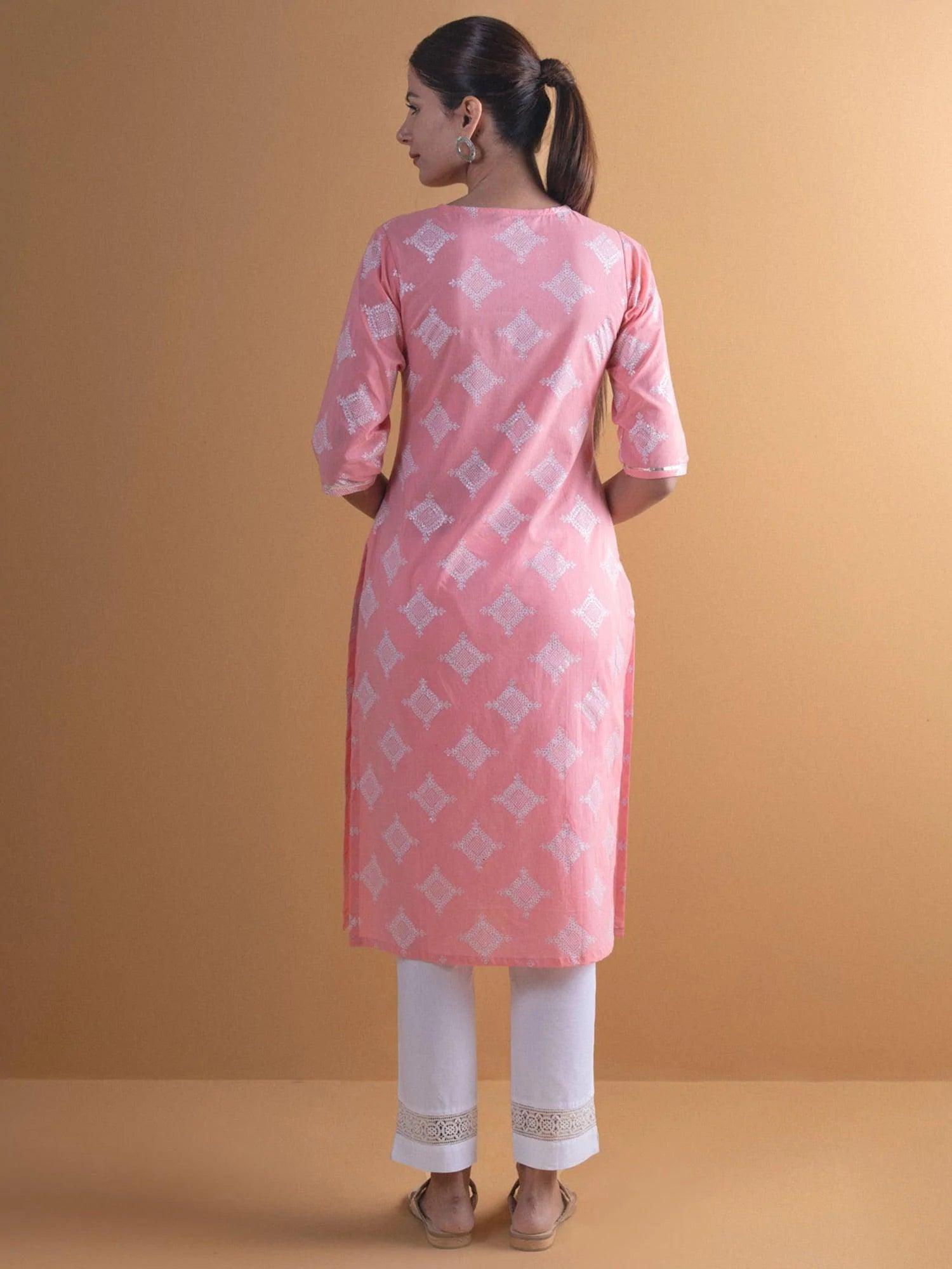 Pink Printed Cotton Kurta