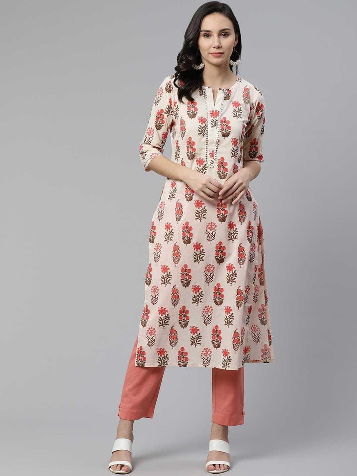 Off White Printed Cotton Kurta - ShopLibas