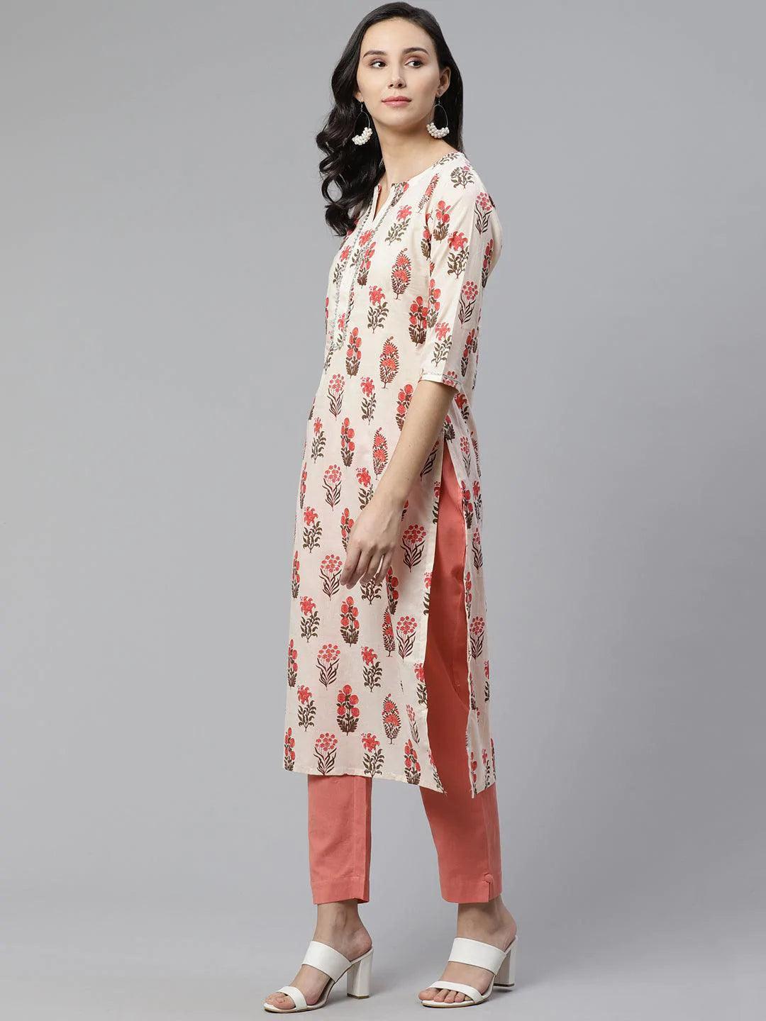 Off White Printed Cotton Kurta - ShopLibas