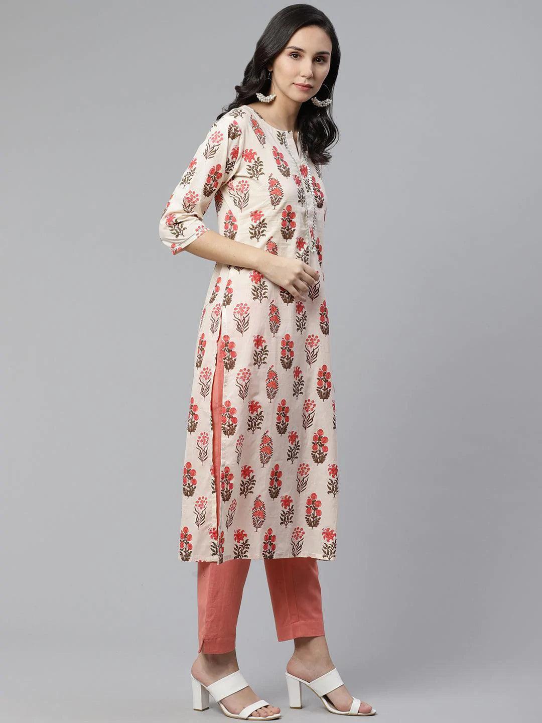 Off White Printed Cotton Kurta - ShopLibas