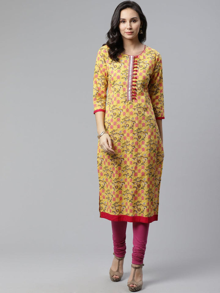 Yellow Printed Cotton Kurta - ShopLibas