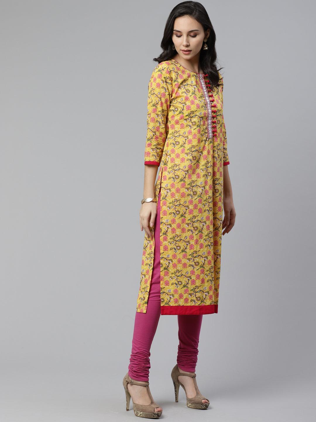 Yellow Printed Cotton Kurta - ShopLibas