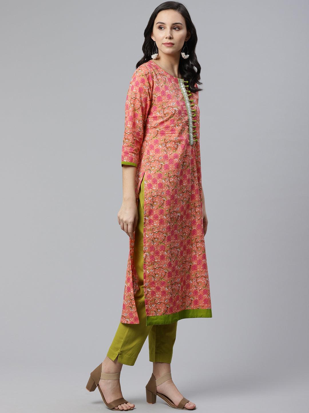 Pink Printed Cotton Kurta