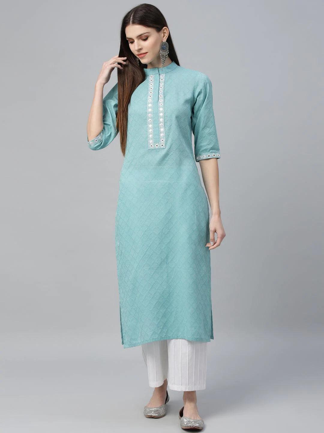 Blue Printed Cotton Kurta - ShopLibas