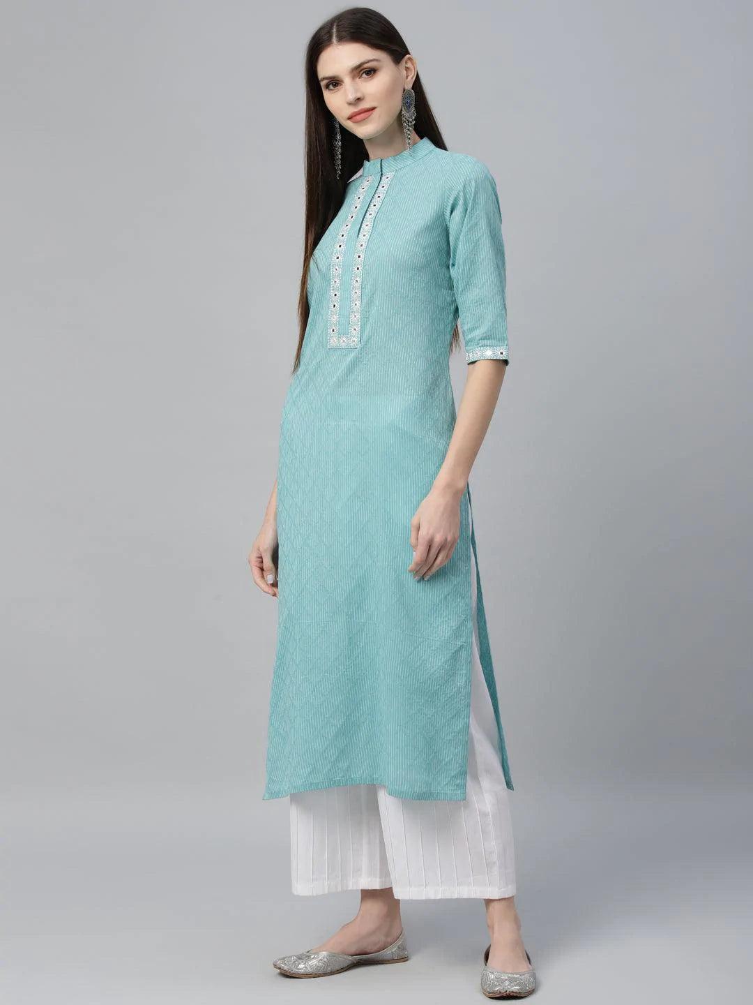 Blue Printed Cotton Kurta - ShopLibas