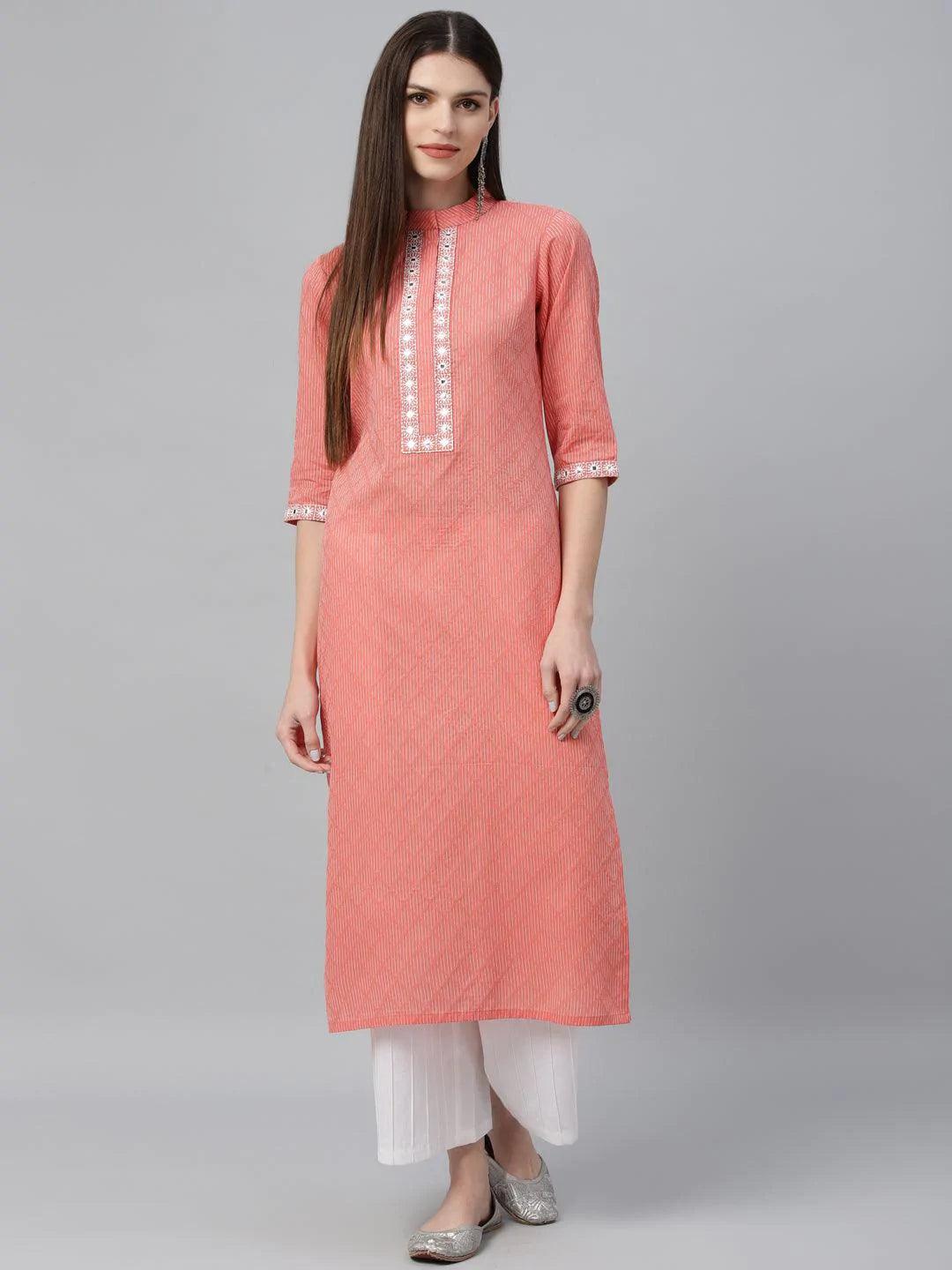 Peach Printed Cotton Kurta - ShopLibas